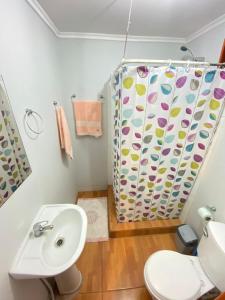 a bathroom with a sink and a shower curtain at Hostal El Boldal Marchigüe in Marchihue