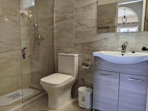 a bathroom with a toilet and a sink and a shower at Vanilla House Paleokastritsa in Paleokastritsa +52 photos