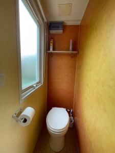 a small bathroom with a toilet and a window at Bungalow Neila in Bourbourg
