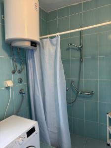 a bathroom with a shower with a white shower curtain at Vikendica Jazina in Lastva +28 photos