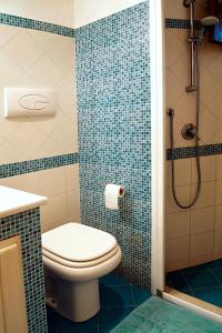 a bathroom with a toilet and a shower with blue tiles at Dammuso Terra e Mare in Kamma