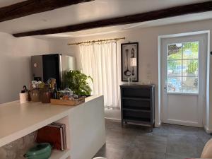 a kitchen with a counter with a refrigerator and a window at Mas des garrigues in Bouchet