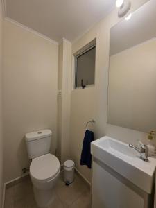 a bathroom with a toilet and a sink and a mirror at Casa full equipada con tres camas y se puede habilitar una cuarta cama a solicitud in Antofagasta