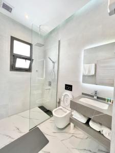 a bathroom with a toilet and a sink and a mirror at Rosella Chalet 2 in Jabal Al Akhdar