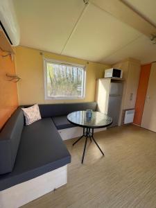 a living room with a couch and a table at Chloe Bungalow in Bourbourg