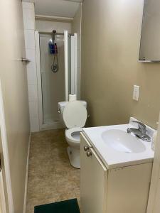 a bathroom with a toilet and a sink and a shower at Modern Basement Suit west side with Room 4 in Edmonton