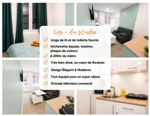 a collage of photos of a room with a poster at Petit cocon moderne Cuisine équipée TV WIFI in Roubaix +5 photos