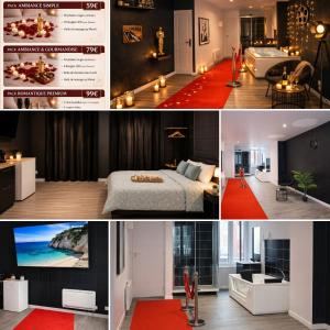 a collage of photos of a bedroom and a living room at Suite Cinéma #7#- Jacuzzi in Roubaix