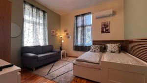 a bedroom with a bed and a couch and windows at Alice house in Sofia