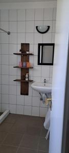 a bathroom with a sink and a mirror at Bluebird apartman in Zalakaros