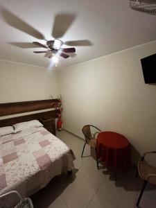 a bedroom with a bed and a ceiling fan at Hospedaje Valencia in Ica