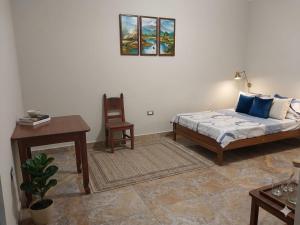 a bedroom with a bed and a table and a chair at Casa Hospedaje en Tarapoto in Tarapoto