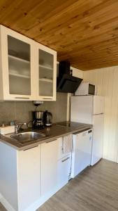 a kitchen with white cabinets and a sink at Salt&Stone in Gryllefjord