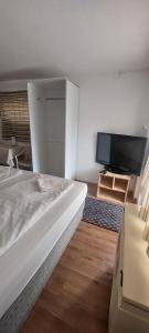 a bedroom with a large bed and a flat screen tv at Bluebird apartman in Zalakaros