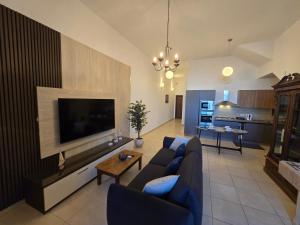 a living room with a blue couch and a tv at Arzella Beachfront Guesthouse in Birżebbuġa