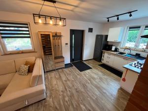 a living room with a couch and a kitchen at Nest Haus in Ludwikowice Kłodzkie