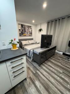 a bedroom with a bed and a flat screen tv at Studio Moderne Chic Gatineau Ottawa in Gatineau