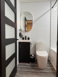 a bathroom with a toilet and a mirror at Studio Moderne Chic Gatineau Ottawa in Gatineau +14 photos