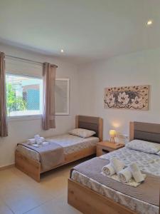 a bedroom with two beds and a window at Villa Eleni Apartment no2 in Agios Gordios