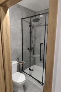 a bathroom with a toilet and a glass shower at Apartamenty Raszyn in Raszyn
