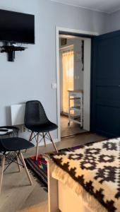 a living room with two chairs and a television at La Tarani in Vatra Dornei