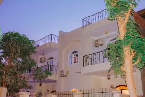 a white building with stairs and trees in front of it at Villa Abo Ishak in Luxor
