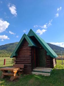a log cabin with a green roof and a picnic table at Cottage MANSION in Žabljak