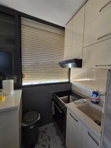 a small kitchen with a sink and a window at Duomo Apartament in Shkodër