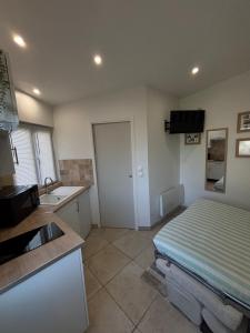 a small kitchen with a bed and a sink at Le Nid d'escale in Tillé