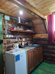 a kitchen with a refrigerator in a log cabin at Cottage MANSION in Žabljak
