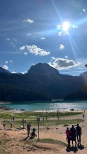 a group of people standing on a beach near a lake at Cottage MANSION in Žabljak +2 photos