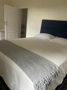 a large white bed with a gray blanket on it at Dee's 2 BR guest flat in Ladybrand in Ladybrand