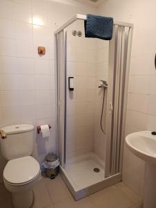a bathroom with a shower with a toilet and a sink at Complejo Rural La Belluga in Segorbe +29 photos