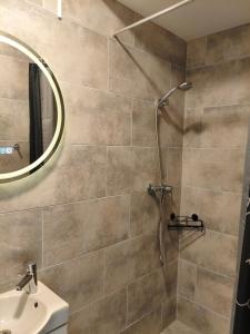 a bathroom with a shower and a sink at Miliő Apartman Sarud in Sarud +48 photos
