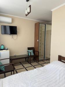 a bedroom with a bed and a tv and a chair at Asteria in Odesa