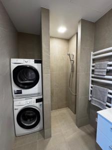 a washing machine in a bathroom with a shower at Apartment in the city center near park and river 26 in Marijampolė