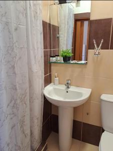 a bathroom with a sink and a toilet and a mirror at House Psichoula in Sarti +58 photos