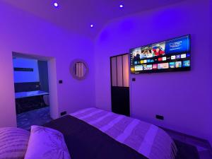 a bedroom with a purple room with a bed and a tv at Hermitage Spa in Dijon +3 photos