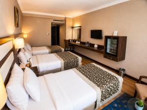 a hotel room with two beds and a flat screen tv at Akgun Hotel Beyazit in Istanbul