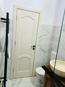 a bathroom with a white door and a toilet at Wood&Light in Hunedoara +12 photos