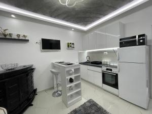 a white kitchen with a refrigerator and a sink at Tina apartman in Vranje