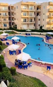 a large swimming pool with blue chairs and umbrellas at Tahiti North coast kilo 62 in Borg El Arab