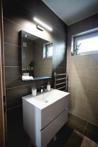 a bathroom with a white sink and a mirror at Malé Lipno 1085 in Černá v Pošumaví +27 photos