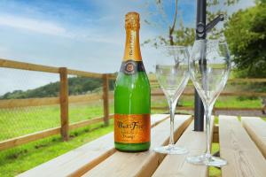 a bottle of champagne and two glasses on a table at Tarka Trail Horsebox - Hot Tub & Pet proof garden in Littleham