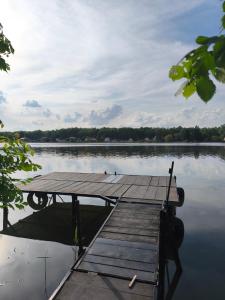 a wooden dock sitting on a lake with at Melba Vendégház in Dömsöd