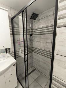 a shower with a glass door in a bathroom at Melba Vendégház in Dömsöd +21 photos
