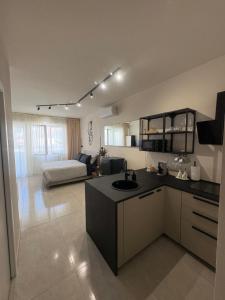 a large kitchen and living room with a couch at Marilux oasi di relax in Marina di Carrara