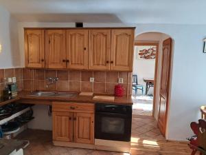 a kitchen with wooden cabinets and a sink and a stove at U Kameníků in Lhenice +26 photos