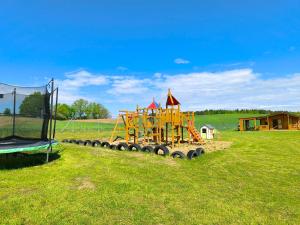 a playground in a grassy field with a slide at Domki Zaczarowana Łąka w Borach Tucholskich in Wełpin