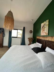 a bedroom with a white bed with a green wall at Shadamaltess in Azuretti